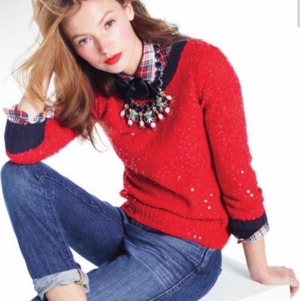 J CREW Red Scattered Sequin Pullover Sweater Mohair Wool Blend - Size XS - Picture 3 of 10